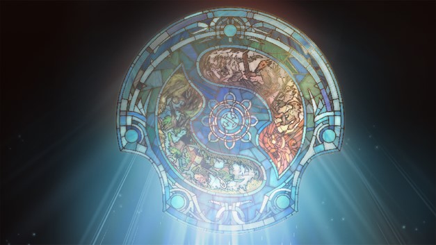 Promotional graphic of The International 2023, with the Aegis of Champions reimagined as a rose window. Courtesy of Valve.