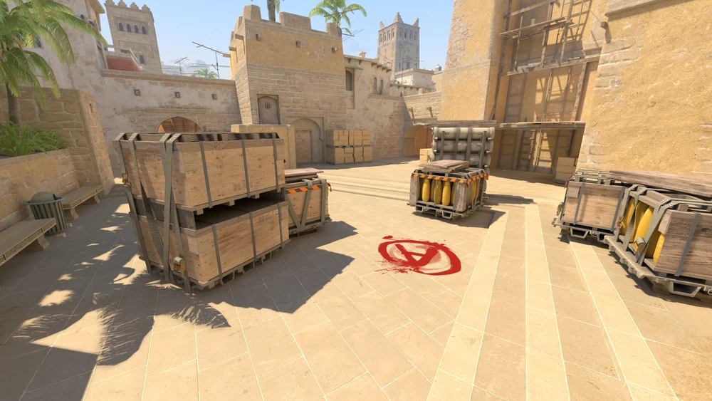The A site of Mirage in CS2 as approached from CT spawn. 