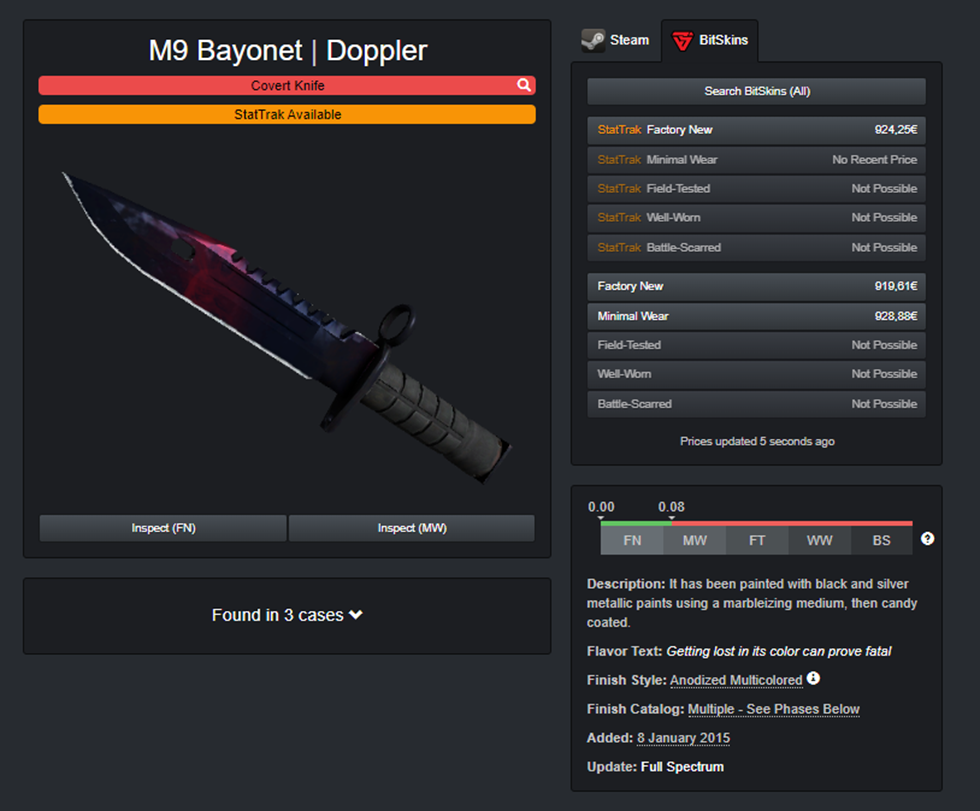A screenshot of the CS2 Stash page of the M9 Bayonet knife skin taken on December 11, 2023.
